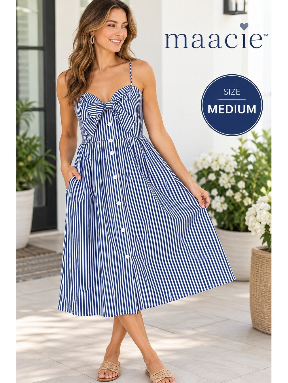Maacie | M | Navy White Striped Tie Front Midi Dress
